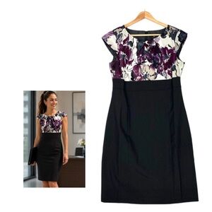 Ann Taylor Dress Pencil Knee Length Black White Floral Cap Sleeves 6 Petite NWT